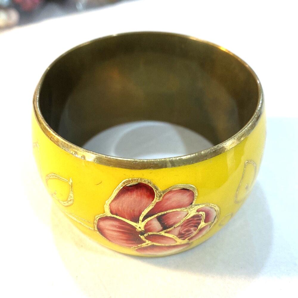 Retro brass bangle bracelet mod mustard yellow pink enamel floral Boho festival